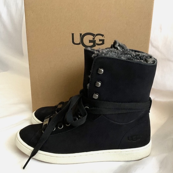 FINAL SALE πUGG Starlyn Leather Sneakers Black Shearling Lined NEW * - Picture 5 of 16